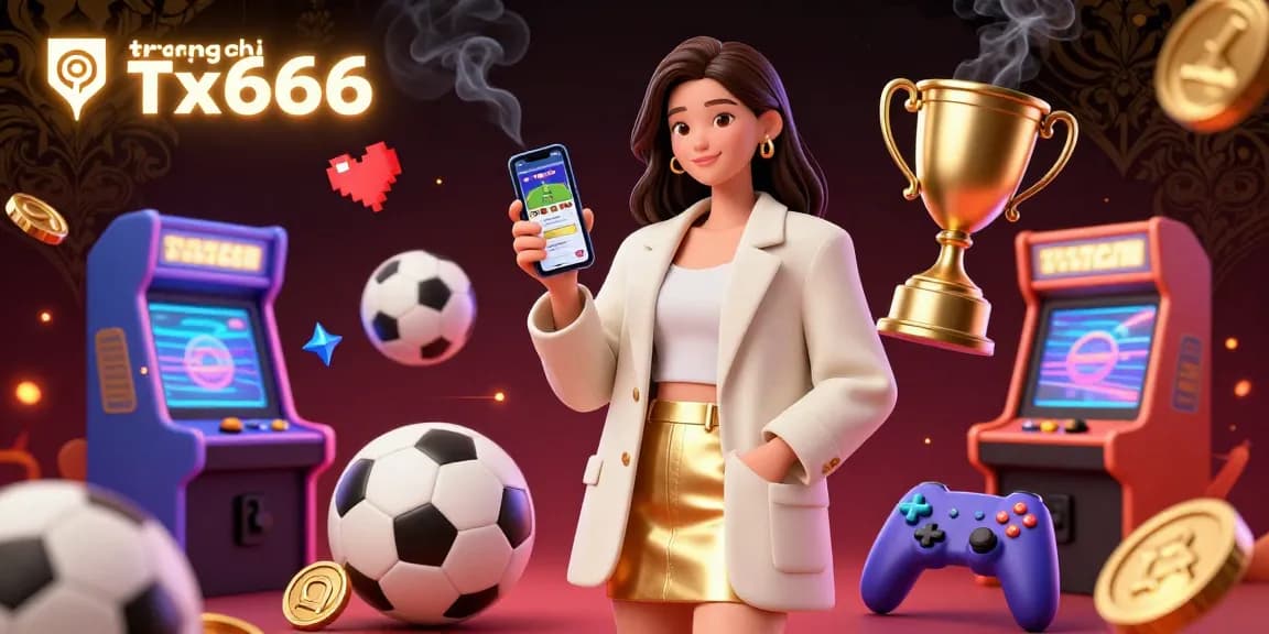 Engage with the trang chủ Tx666 online gambling scene showcasing an Asian woman using a betting app, surrounded by vibrant gaming elements.