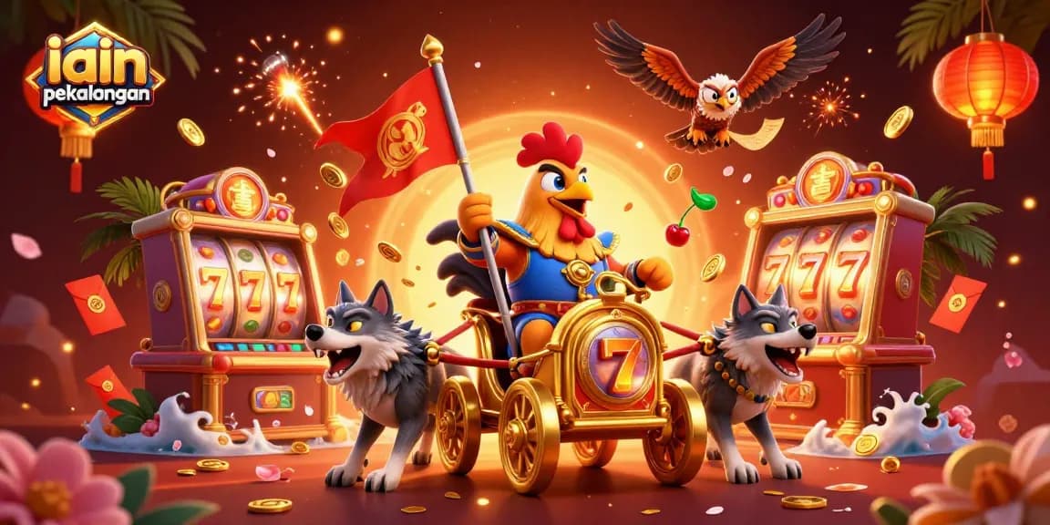 Engage with IAIN Pekalongan's thriving online slot scene featuring vibrant reels and cascading golden coins.