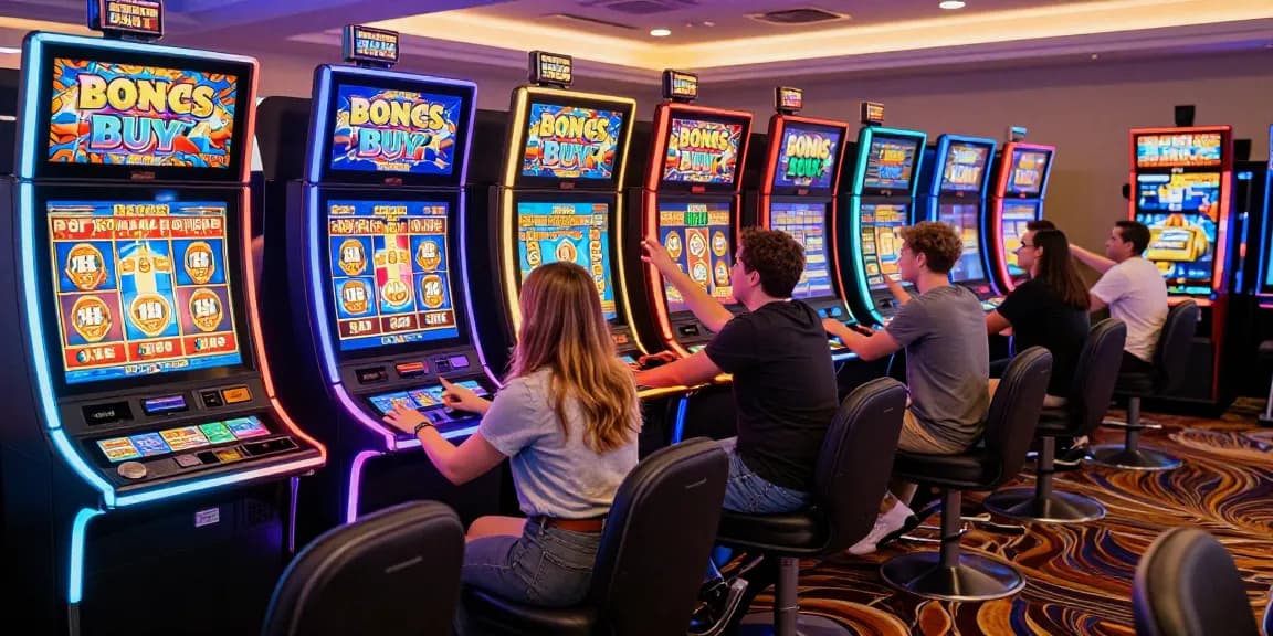 Excited players at https://eliotsociety.org.uk/ engaging with Bonus Buy Slots in a vibrant casino atmosphere.