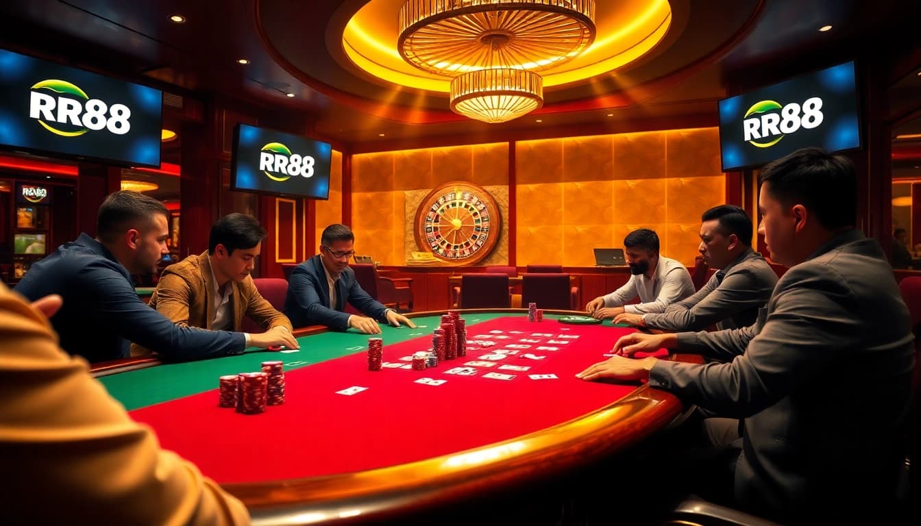 Players at an RR88 poker table strategizing their bets in a vibrant casino environment.