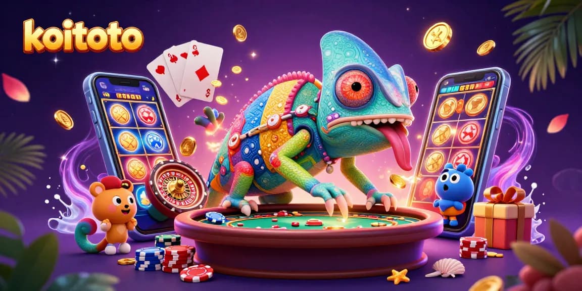 Engage with the exciting world of koitoto and colorful slot games through this dynamic casino illustration.