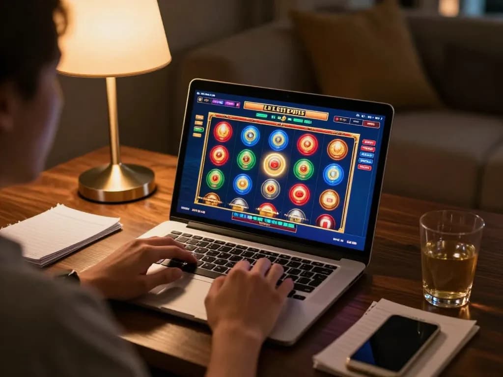Engaged gamer using https://rr88co.net/ on a laptop with vibrant slot game displayed in a cozy environment.