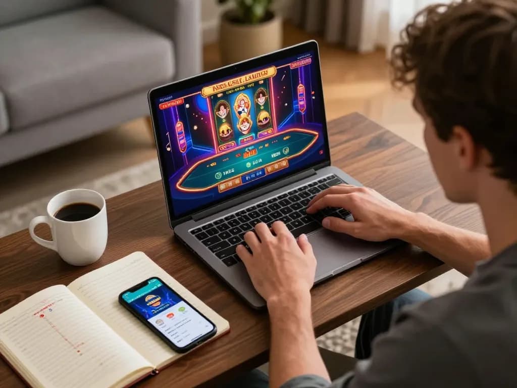 Engaging online gambling scene with TR88 app visible on smartphone, showcasing player focused on laptop in a stylish home setting.