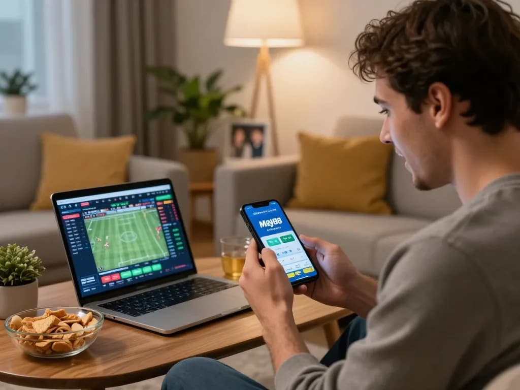Experience real-time sports betting excitement with May88 on mobile in a cozy home setting.