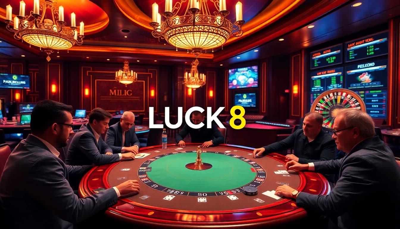 Engaged gamblers playing poker at a luxurious casino featuring the LUCK8 brand logo.