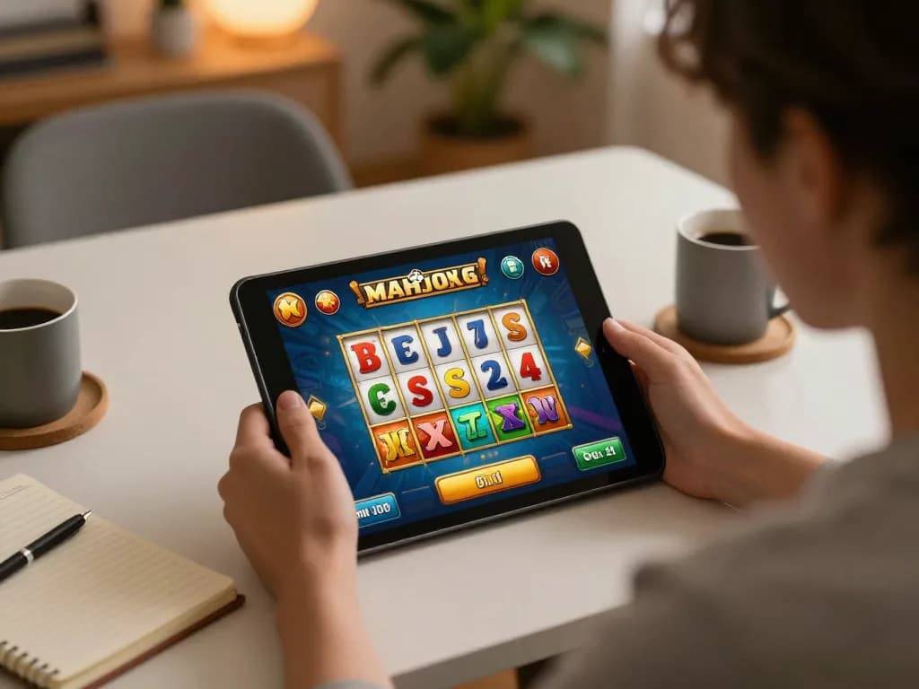 Situs slot mahjong gaming experience featuring a player enjoying Mahjong Ways on a tablet in a cozy home setting.