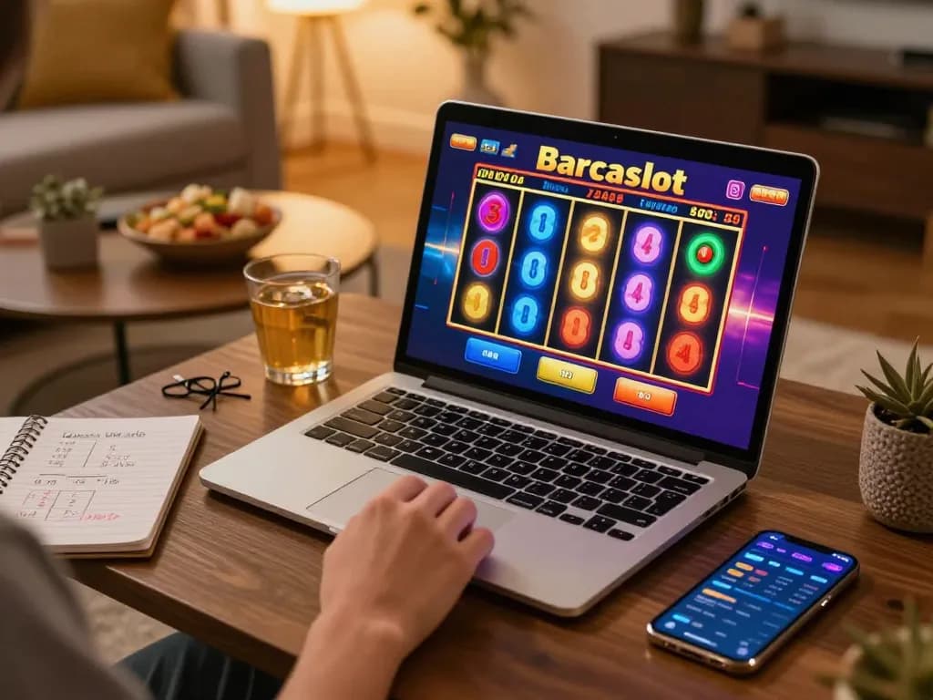 Berinteraksi dengan permainan online Barcaslot di laptop, gulungan slot yang cerah terlihat.