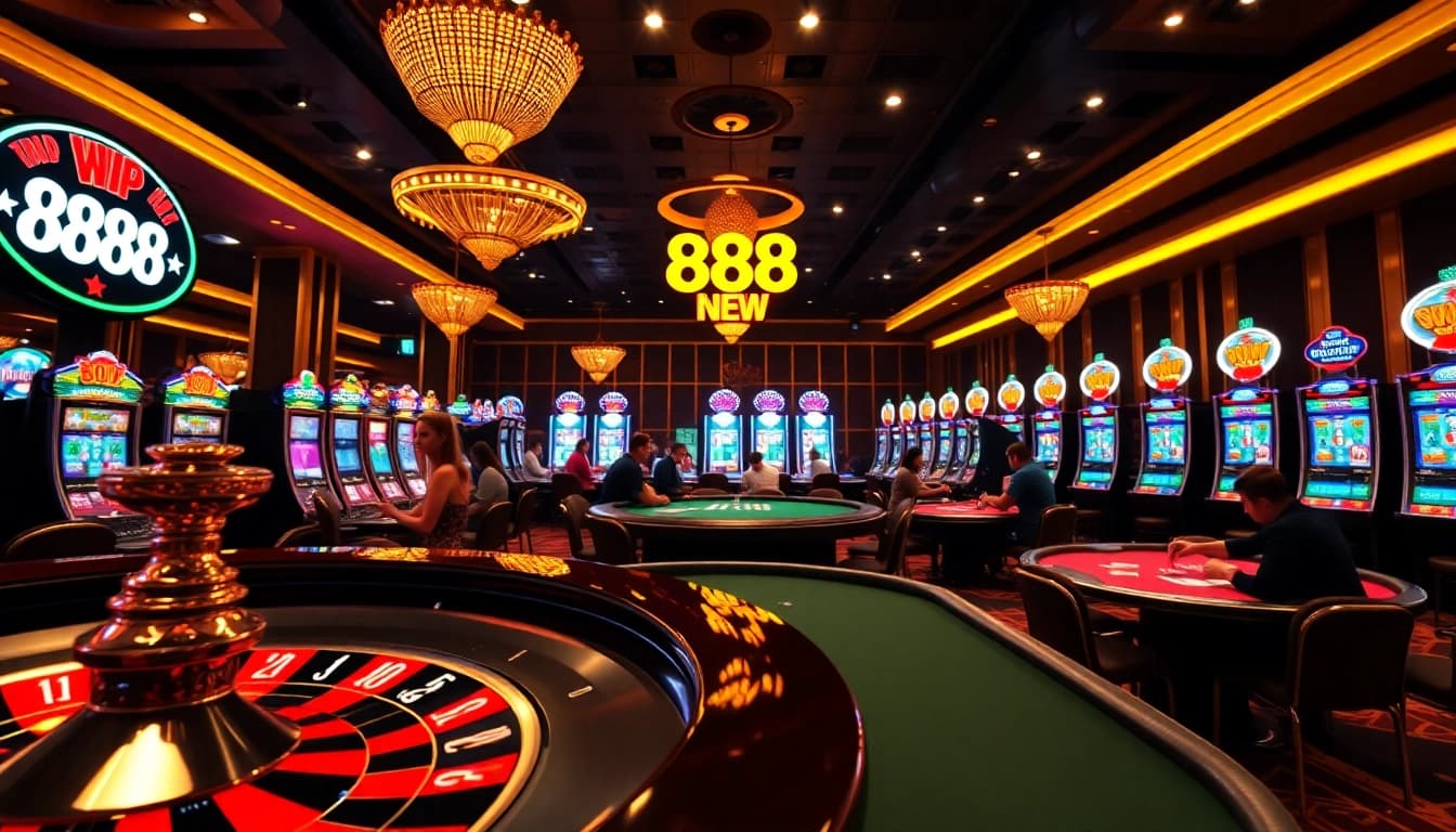 Experience excitement at 888NEW with players at a vibrant casino scene featuring poker tables and roulette.