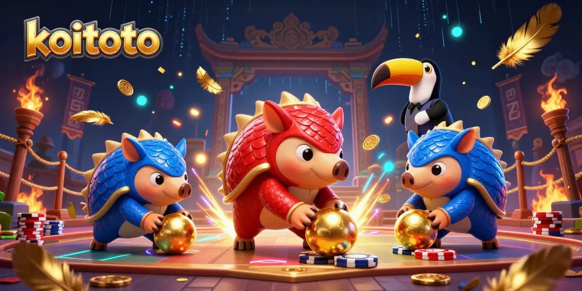 Koitoto pangolins compete with golden balls and poker chips in a vibrant casino arena