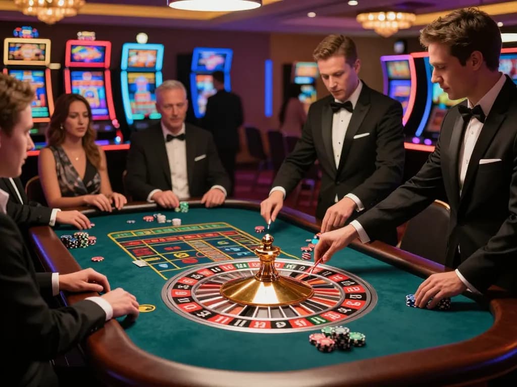 LC88 players placing strategic bets at a lively roulette table in an upscale casino.