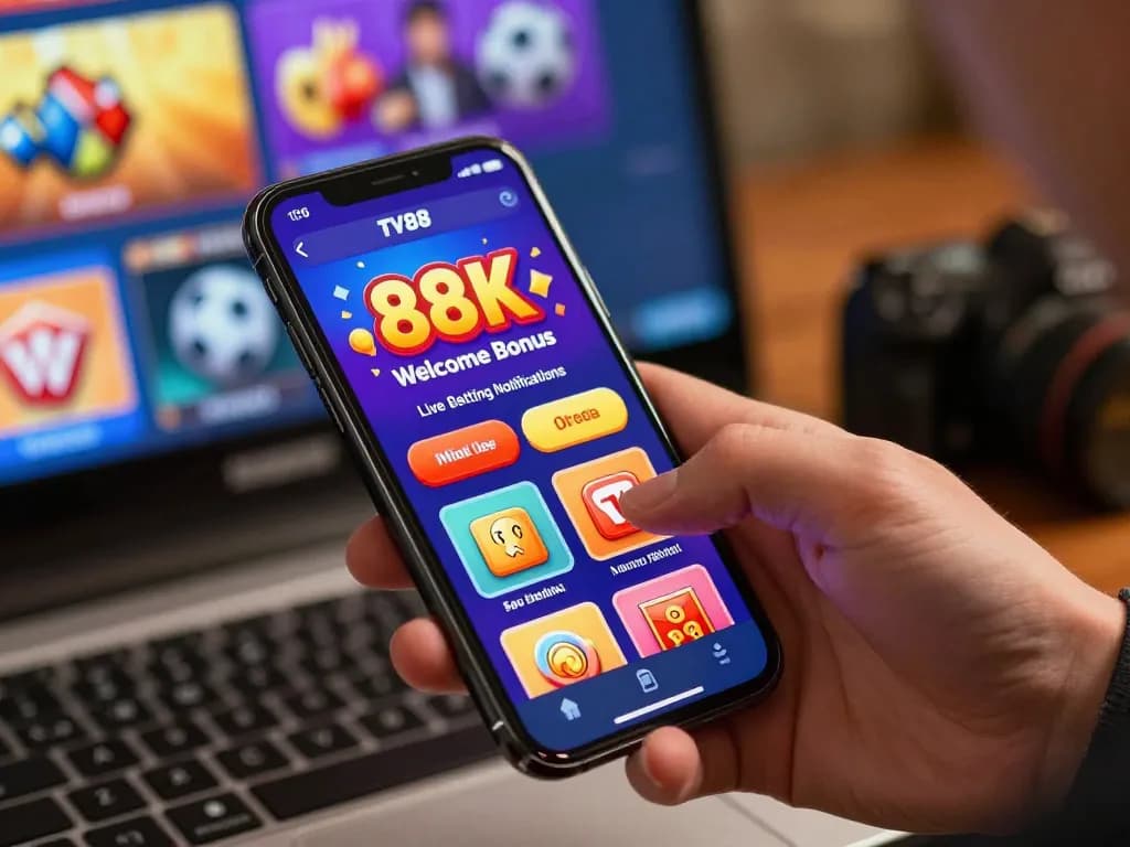 Exciting TV88 online gambling experience with vibrant gaming icons and smartphone interface.