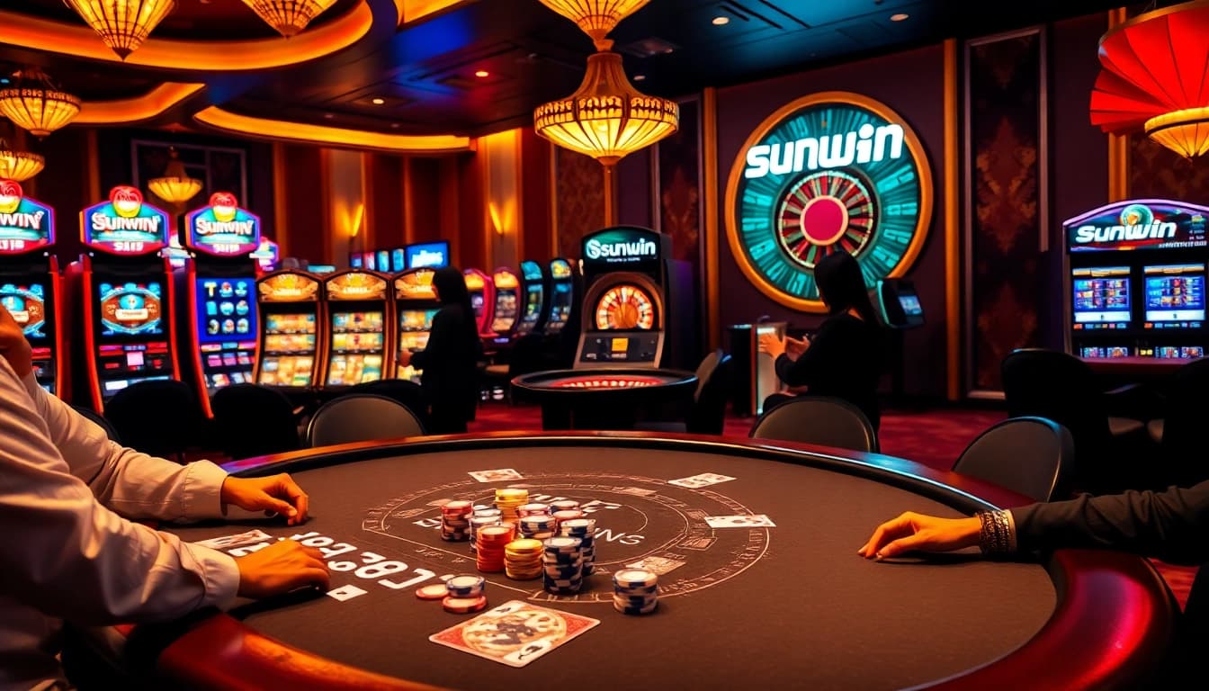 Players enjoy an exciting poker game at a sunwin casino table, surrounded by vibrant slot machines.