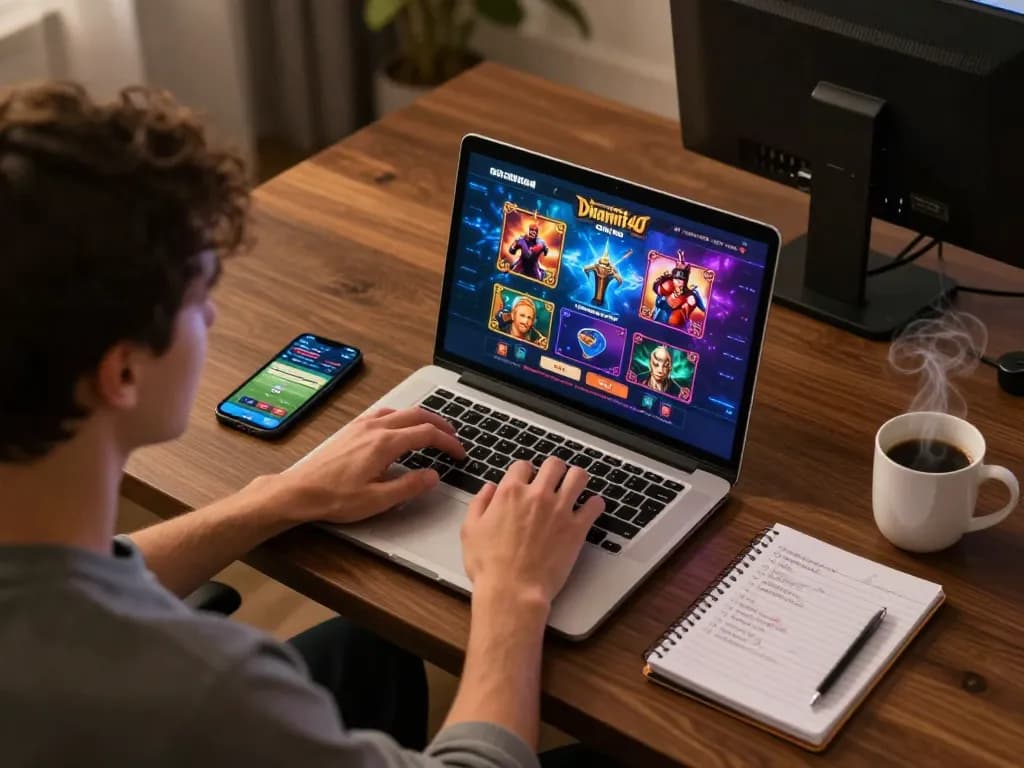 Person engaging with dinamit4d online casino interface on laptop, showcasing responsible gaming setup.