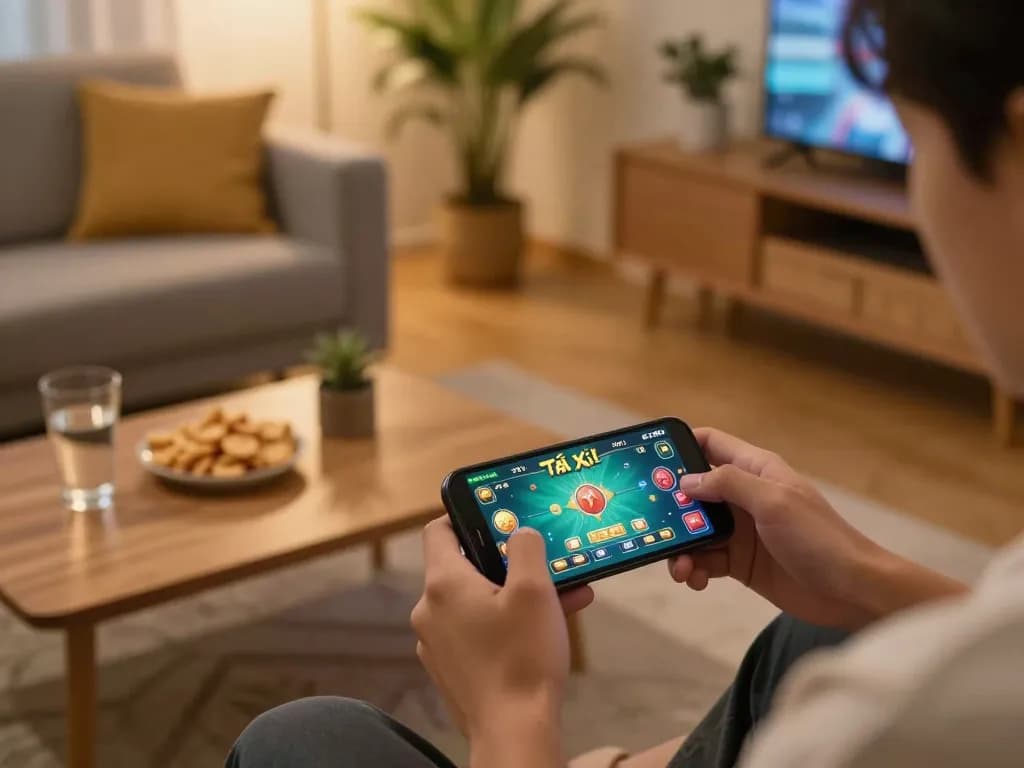 Tài xỉu online being played on a smartphone with a cozy gaming atmosphere in the living room.
