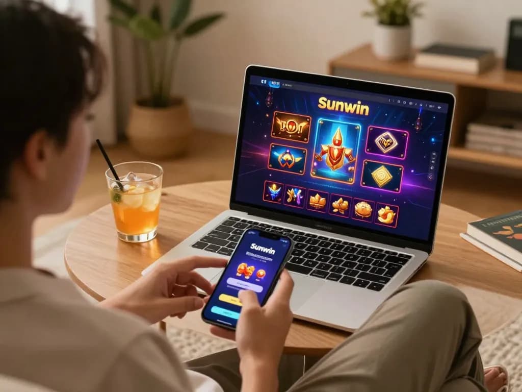 Engaging with the Sunwin casino app in a cozy gaming environment, showcasing online betting.