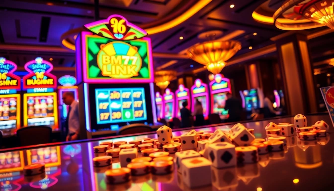 Bmw777 Link showcased in a luxurious casino setting with vibrant slot machines and colorful poker chips.