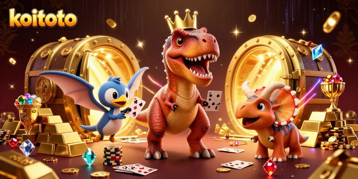 Koitoto showcases a fun dinosaur-themed online gaming scene with a T-Rex shuffling cards.