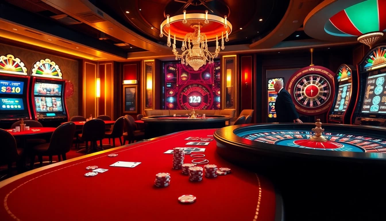 Experience thrilling casino action at https://mb66-t.com/ with vibrant tables, chips, and a roulette wheel.