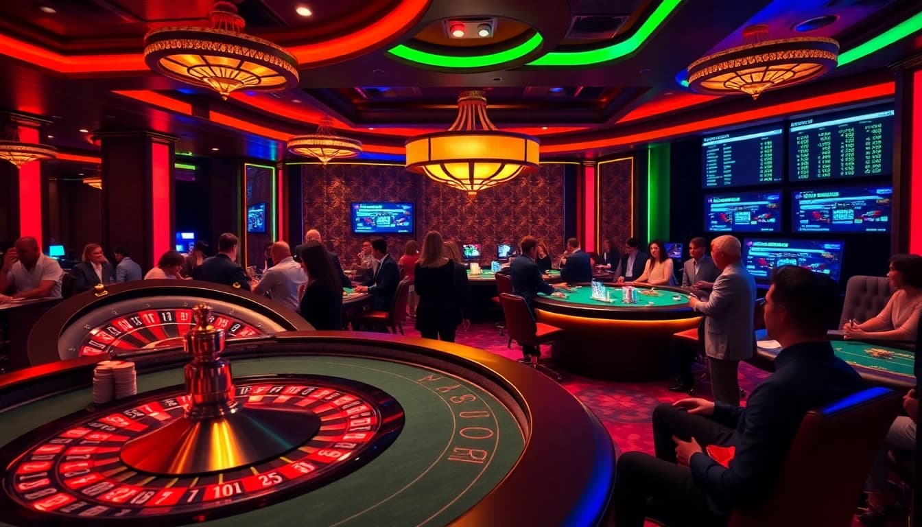 Players enjoying a thrilling game at Rikvip casino, featuring poker tables, roulette wheels, and colorful decorations.