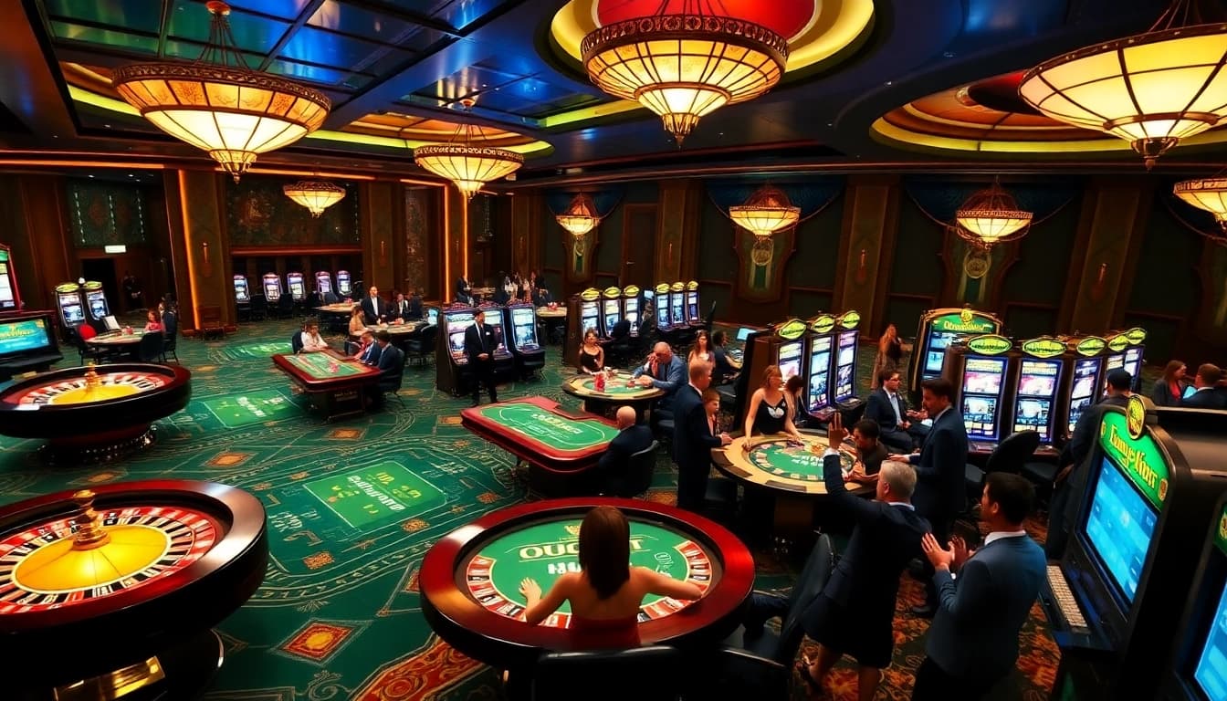 Players enjoying the excitement of gambling at OK365 with vibrant casino elements.