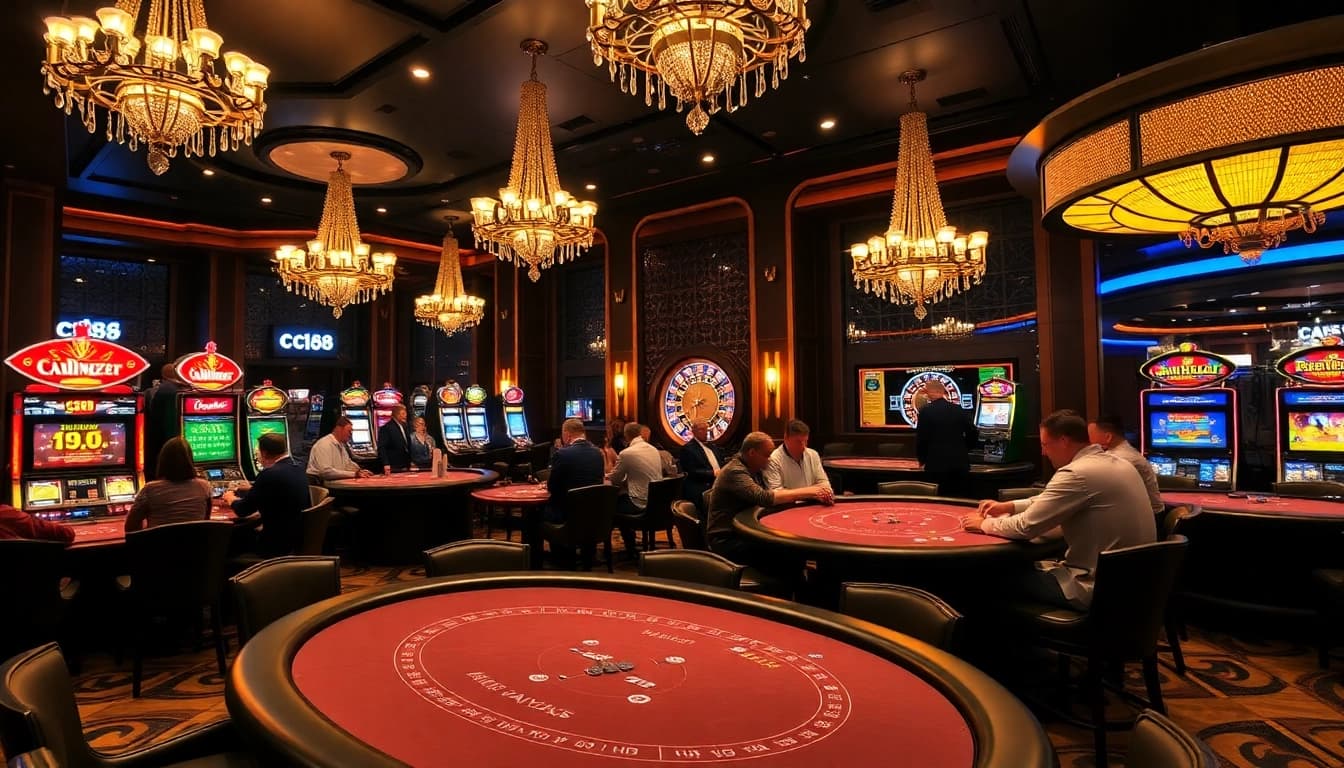 C168 casino excitement with players at poker tables and vibrant slot machines.
