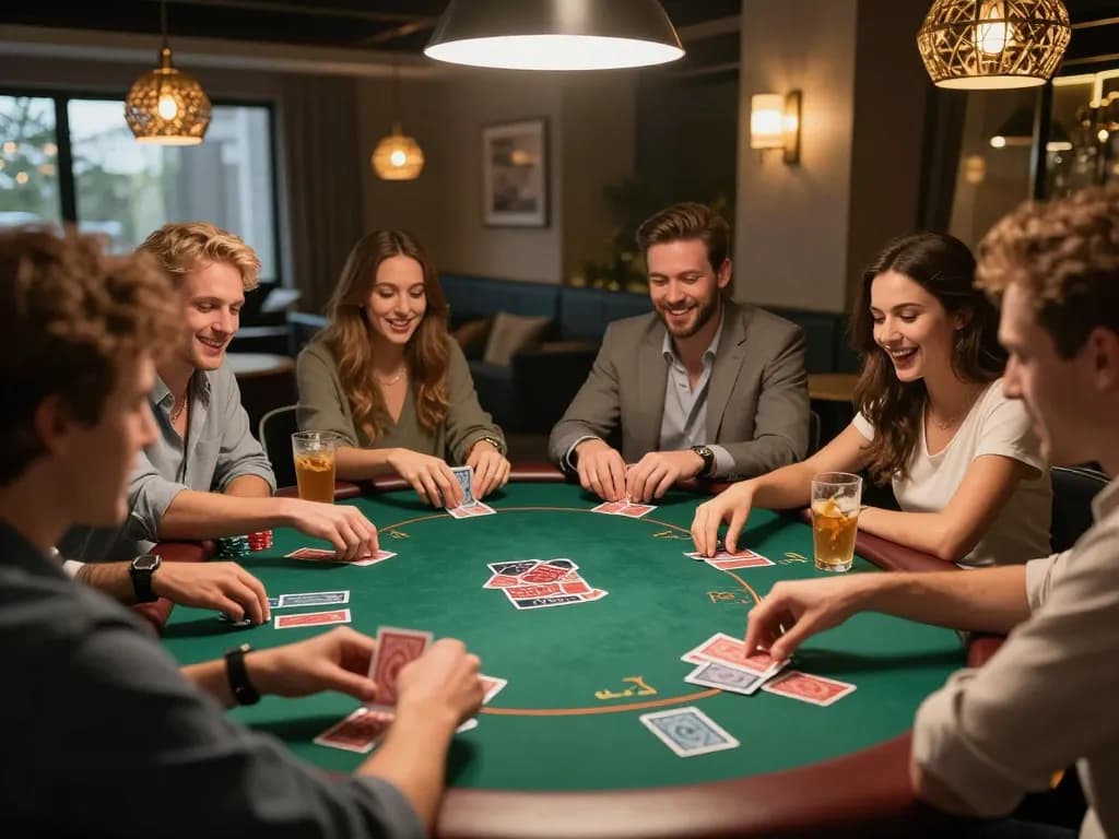 Friends enjoying poker night at home, strategically playing IWIN68 card games in cozy atmosphere.