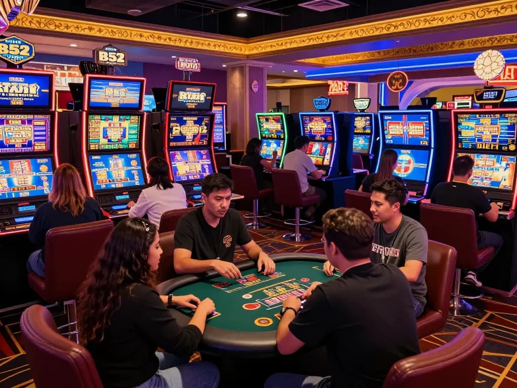 B52 Club trực tuyến gaming experience with live dealers and players enjoying diverse games in a vibrant casino atmosphere.