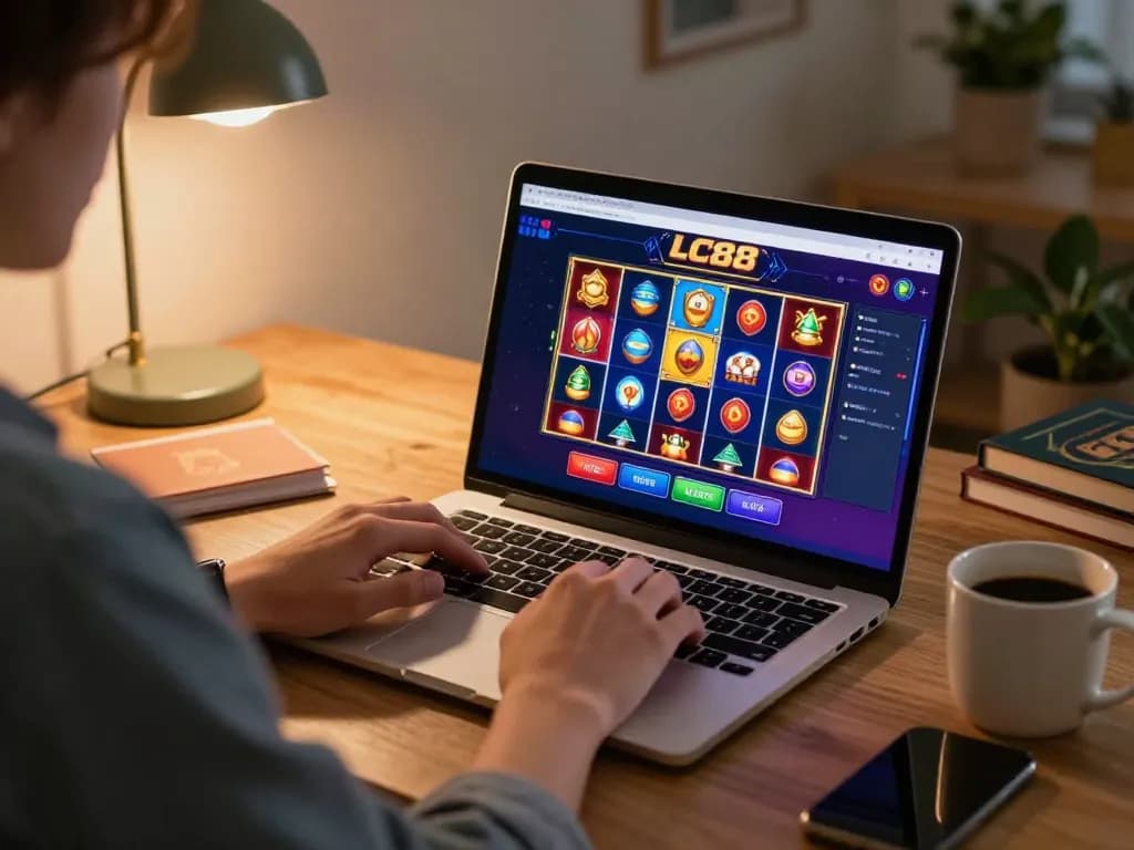 LC88 player engaging in online casino gaming at home with vibrant slot game interface.
