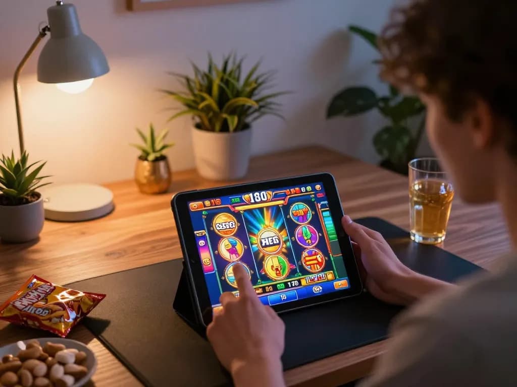 Player enjoying Gsc108's slot game on a tablet in a cozy home setting, highlighting online gaming excitement.