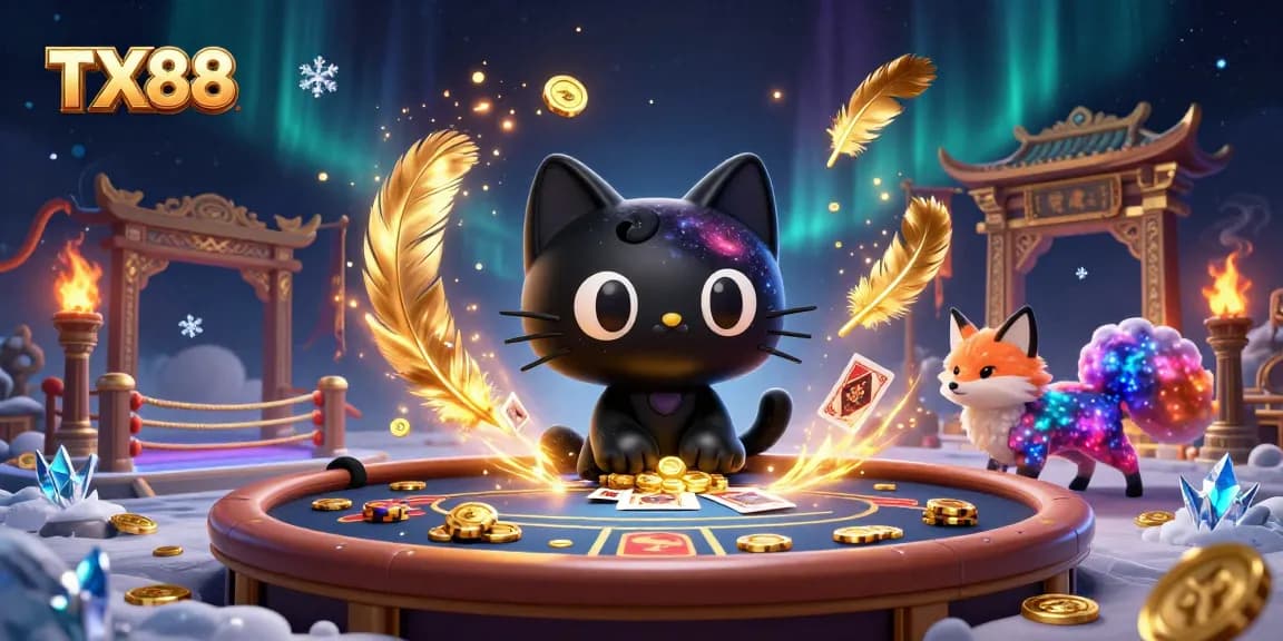 Engage in thrilling gameplay with TX88 as the black hole cat pulls chips in a cosmic casino.