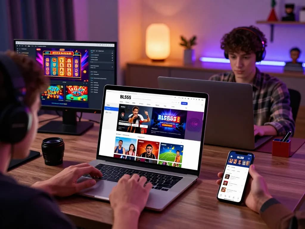 Players engaging with the BL555 gaming platform at home, showcasing exciting games and vibrant interface.