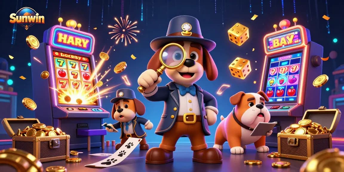 Join the adventure with Sunwin as the detective examines clues in a vibrant casino scene.