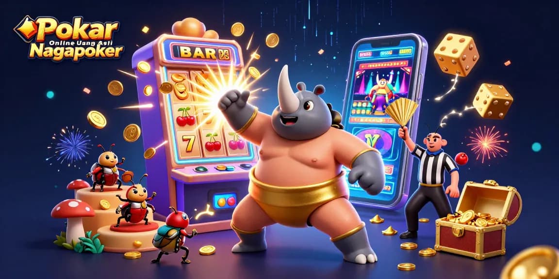 Engage in Poker Online Uang Asli Nagapoker with a dynamic scene of vibrant casino elements and characters.