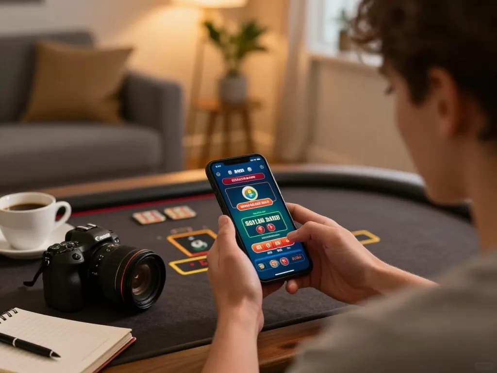 Engaging in SC88 đăng ký through a casino app on a smartphone in a cozy home environment