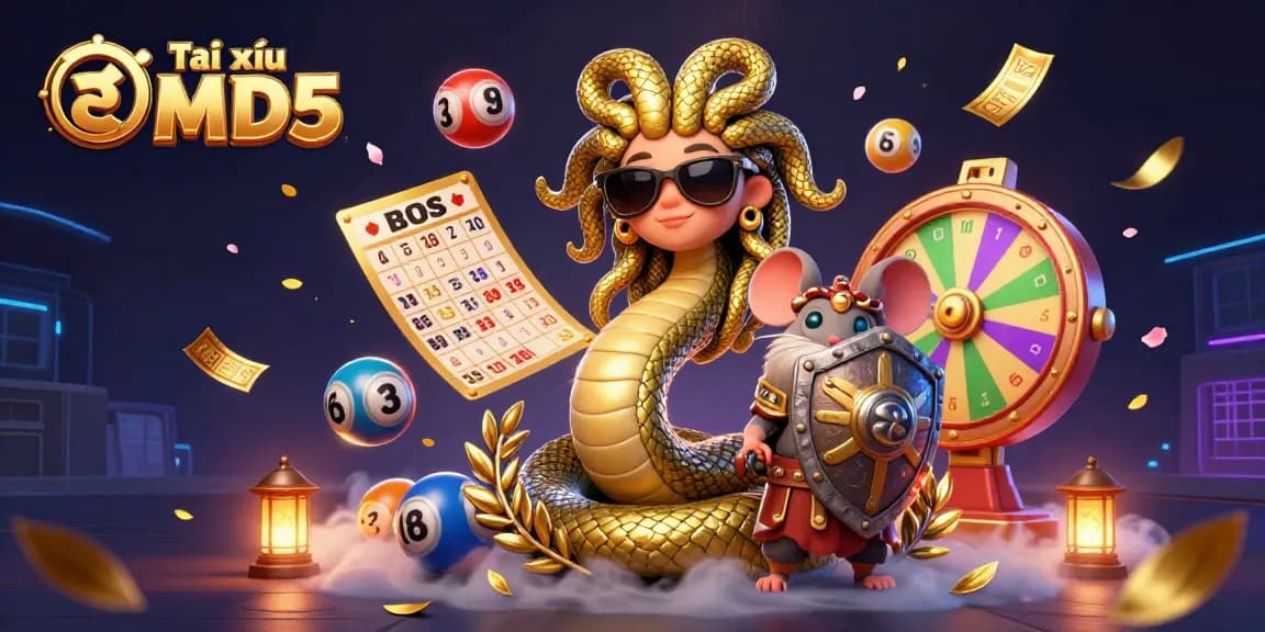 Experience exhilarating Tài xỉu MD5 gaming with a vibrant scene featuring Medusa and a warrior mouse surrounded by colorful gambling elements.