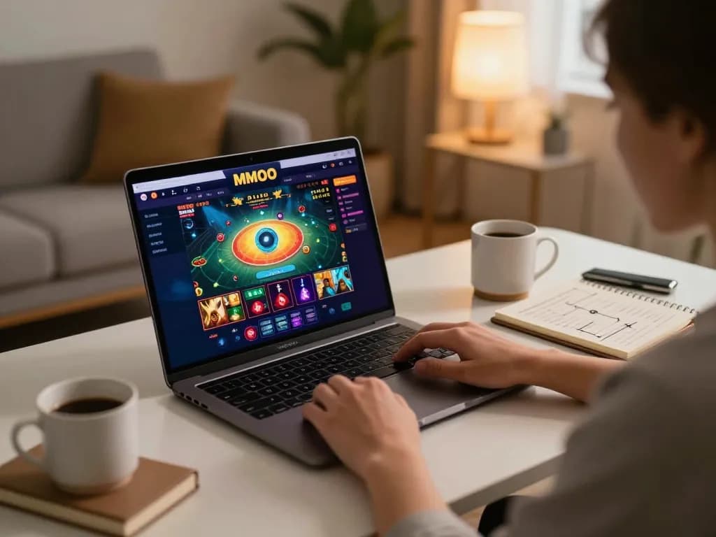 Engaging online gaming session at home with MMOO casino interface on laptop showcasing strategic gameplay.