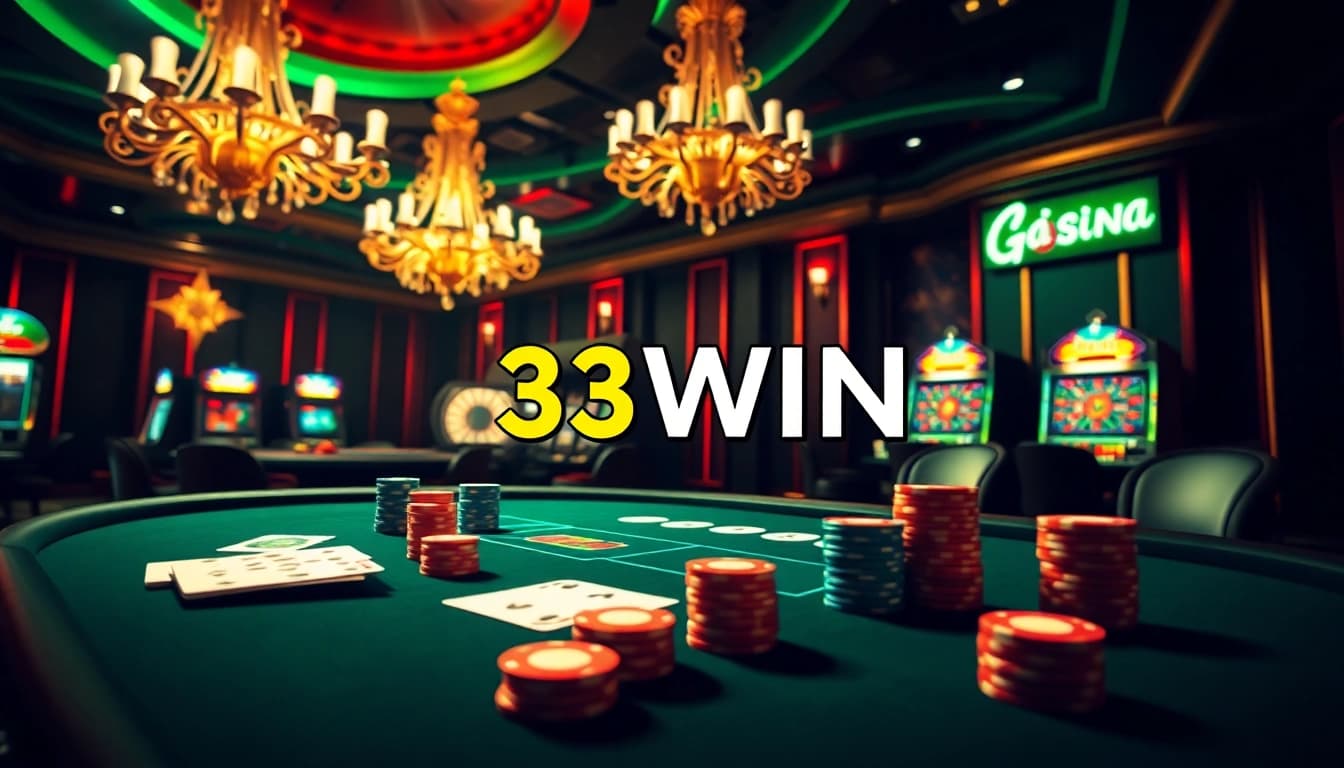 Winning at 33WIN casino with vibrant poker games and neon-lit slots.