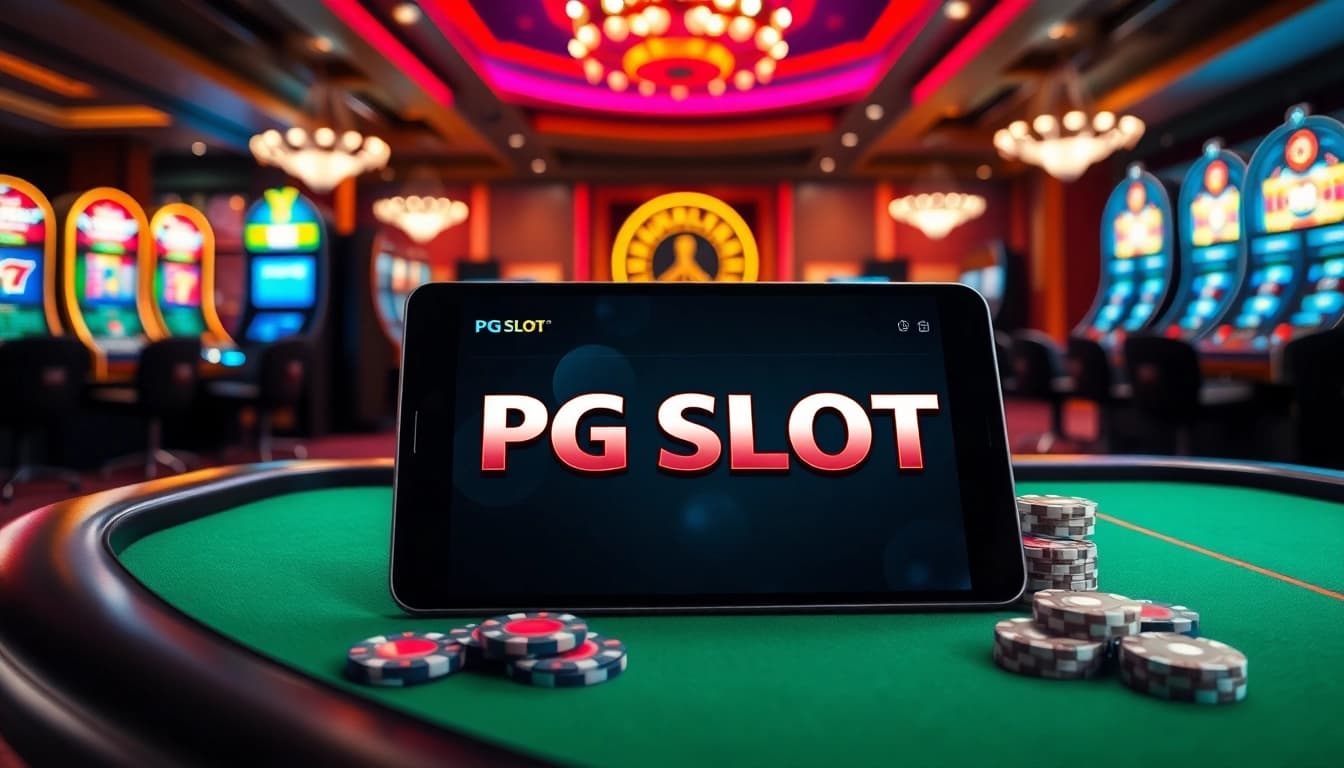 PGSLOT online interface displayed in an elegant casino setting with vibrant slot machines and poker chips.