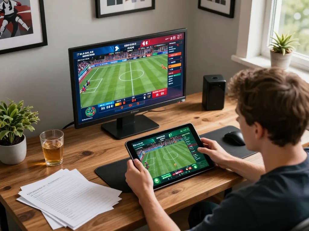 nk88 user strategically placing bets on a tablet, showcasing an inviting online sports betting atmosphere with vibrant decor.