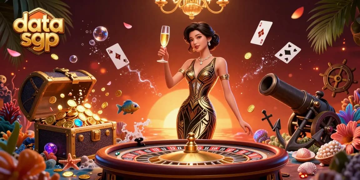 Engage with data sgp through an elegant evening scene showcasing a glamorous Asian woman with casino elements and rich gold details.