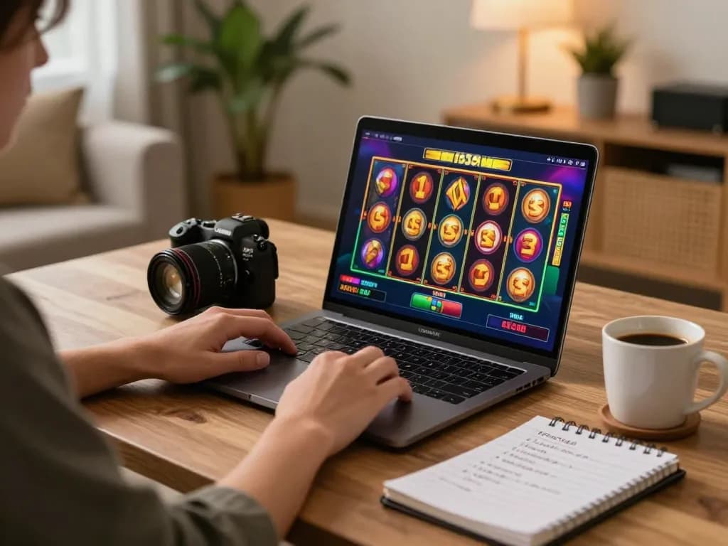 Engaging in demo slot gameplay at home on a laptop, showcasing vibrant reels.