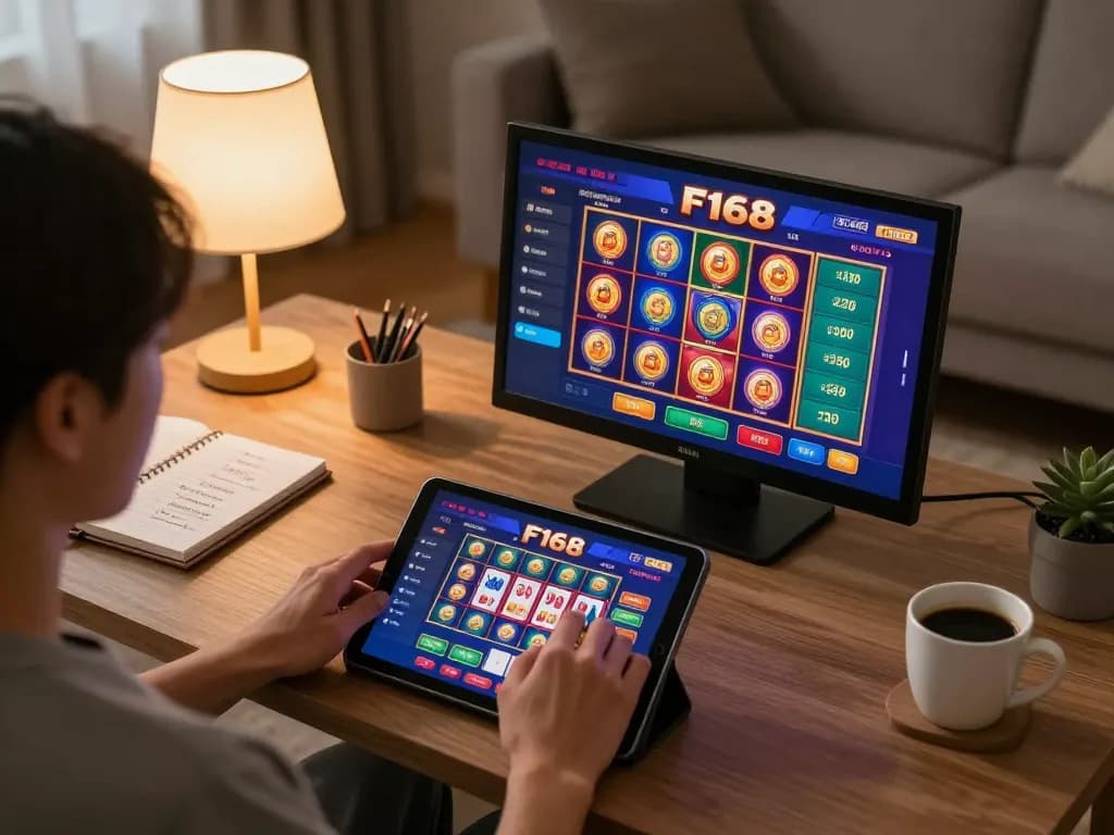 Engaging in online gaming at f168 while strategizing with notes in a cozy home setting.