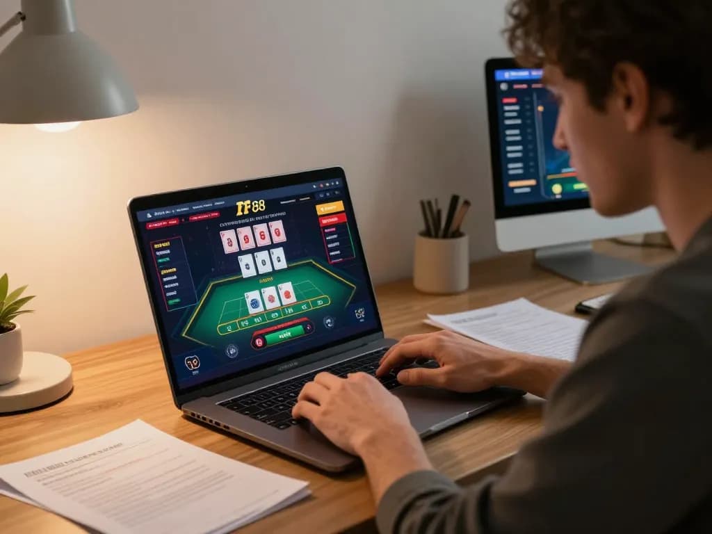 Player immerses in online rr 88 gaming experience on a sleek laptop, exhibiting strategic focus and responsible entertainment.