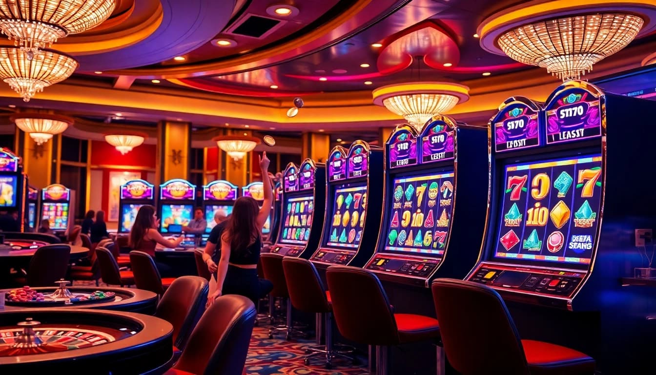 Pemain menikmati permainan slot yang mendebarkan di kasino mewah dengan mesin yang berwarna-warni.