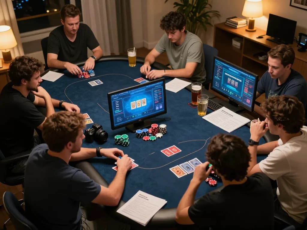An engaging online poker session with players strategizing using btopcshop gaming tables, focused atmosphere.