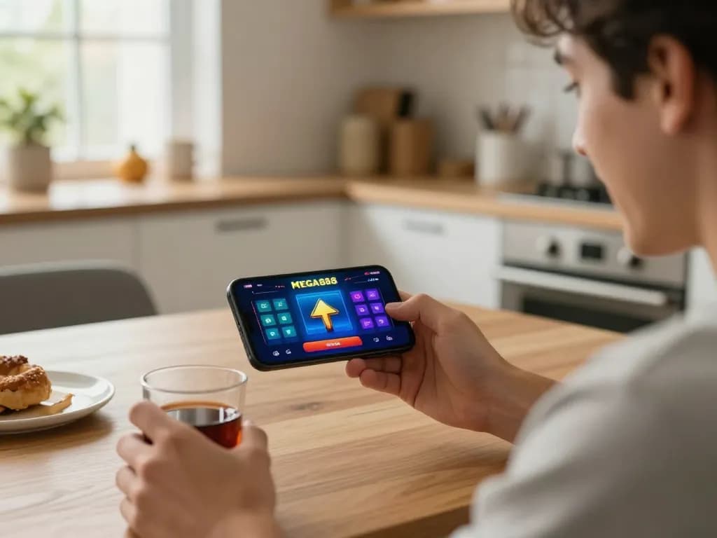 Engaging in MEGA888 gaming on a smartphone, excited user at a cozy kitchen table.