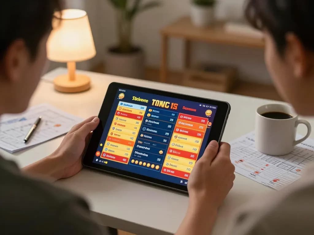 Terlibat dalam perjudian situs togel online di rumah dengan tablet dan catatan strategi terlihat