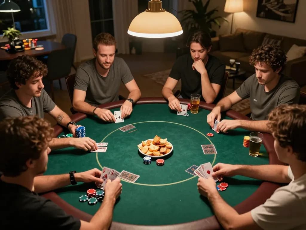SUNWIN poker night with players engaged in strategic gameplay at a warm home setting, creating a friendly competition atmosphere.