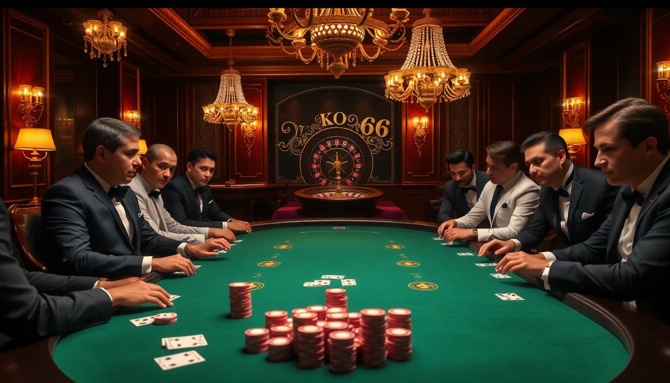 Players enjoy a thrilling game at the KO66 poker table, surrounded by excitement and luxury.