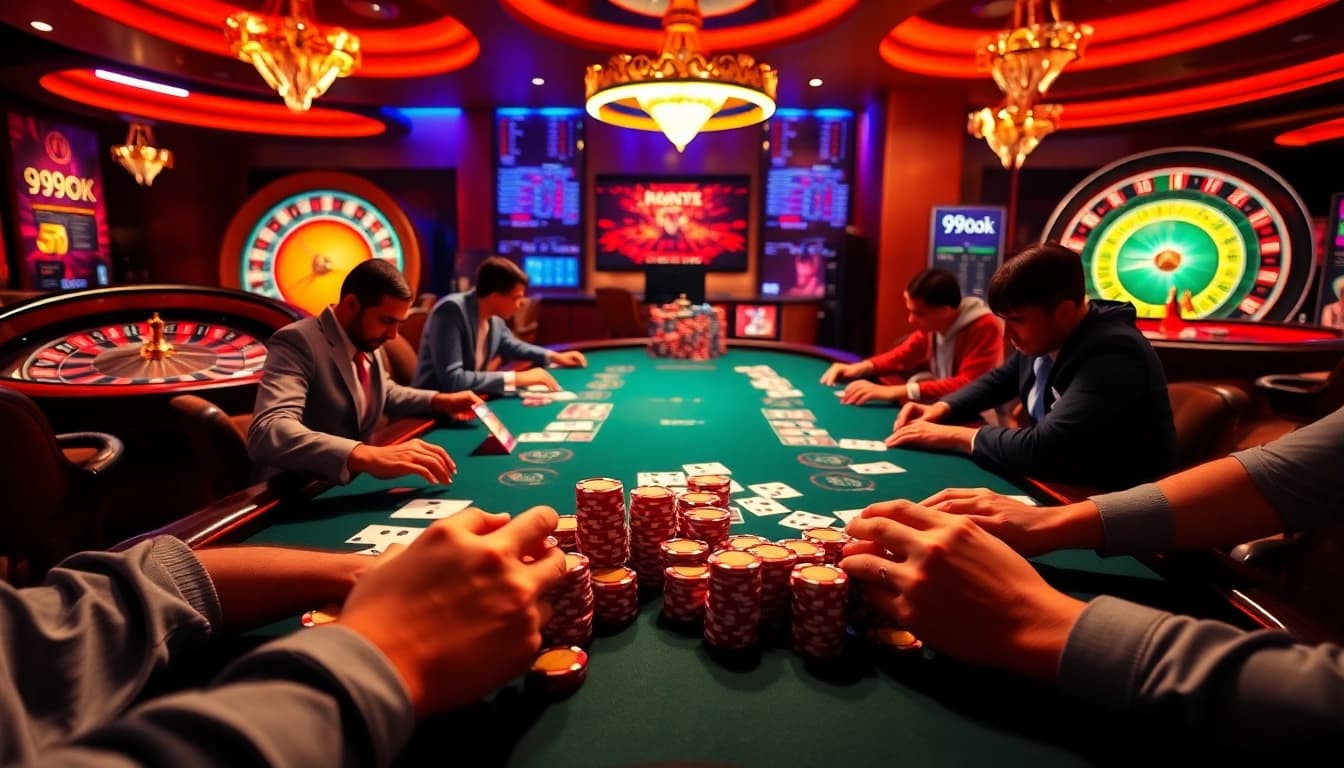 Experience the excitement of winning at 99ok with a professional poker setting and vibrant gaming atmosphere.
